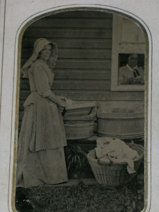 Antique Occupational Tintype Laundry Maid Wooden Washtubs Basket & Washboard