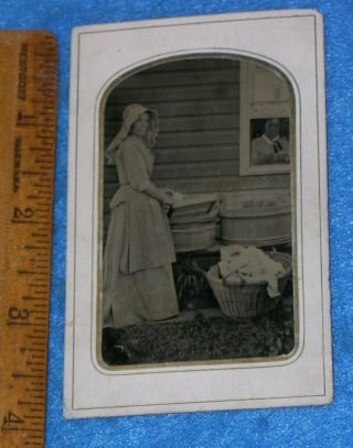 Antique OCCUPATIONAL TINTYPE LAUNDRY MAID Wooden Washtubs Basket & Washboard 2