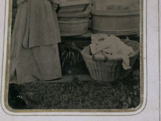 Antique OCCUPATIONAL TINTYPE LAUNDRY MAID Wooden Washtubs Basket & Washboard 5