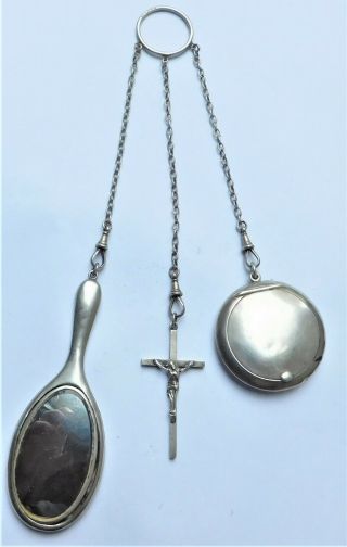 No Reser Hm 1914 Silver Chatelaine Compact Purse Mirror Crucifix Vintage Antique