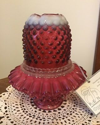 Vintage Fenton Art Glass Cranberry Opalescent Hobnail Fairy Lamp