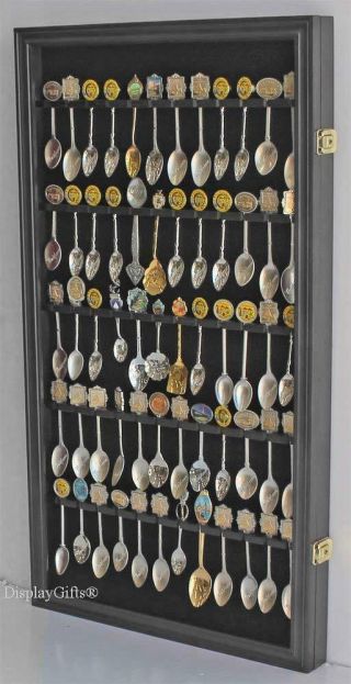 60 Spoon Display Case Rack Holder Cabinet,  Wall Mountable,  Glass Door,  Black