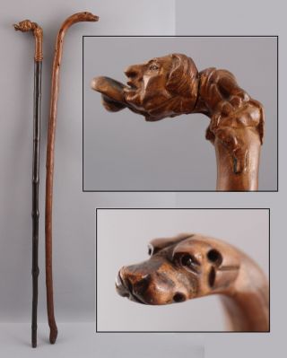 2 Antique 19thc Folk Art Carved Wood Dog & Beggar Man,  Walking Stick Canes