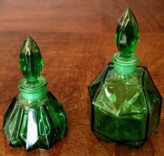 Czech Emerald Green Vintage Hand Blown Glass Perfume Bottles (2)