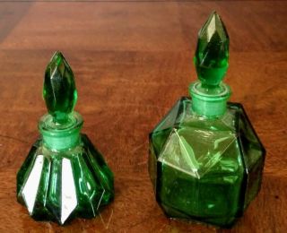 CZECH Emerald Green Vintage Hand Blown Glass Perfume Bottles (2) 2