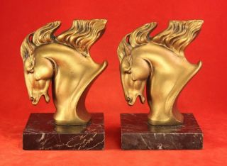 Vintage 6 " Art Deco Horse Head Bookends - Gold With Black Marble Bases