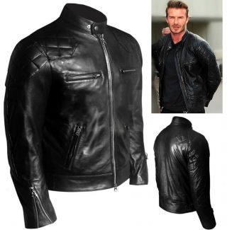 Mens Black David Beckham Real Leather Jacket Slim Fit Vintage Biker