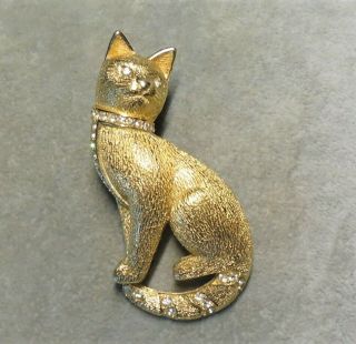 Vintage Christian Dior Large Gold - Tone Rhinestone Seated Cat Brooch Pin