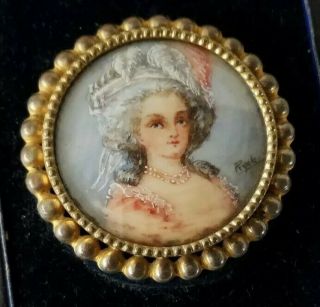 Large Antique Portrait Brooch Pin Hand Painted And Signed Victorian