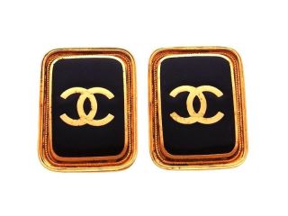 Authentic Vintage Chanel Earrings Cc Logo Black Quad Ea1690