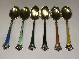 Set Of 6 Sterling Silver Enamel Demitasse Spoons