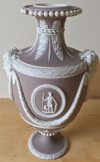 Rare 1864 Antique Wedgwood Lilac Dip Jasperware Bacchus & Mercury 9.  5 " Vase