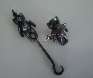 Rare Antique 1909 Adie & Lovekin Sterling Silver Teddy Bear Pin & Button Hook