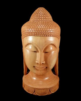 Large Vintage Detailed Carved Wood Buddha Head Bust Statue Bali Balinese 10 "