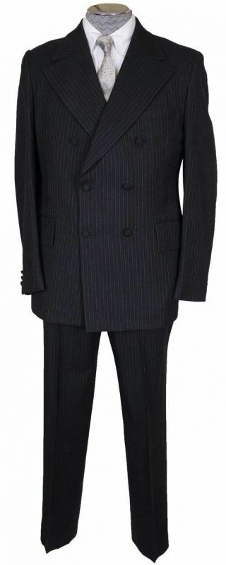 Vintage 1960s Mod Mens Pin Striped Wool Suit Dandy Double Breasted - M