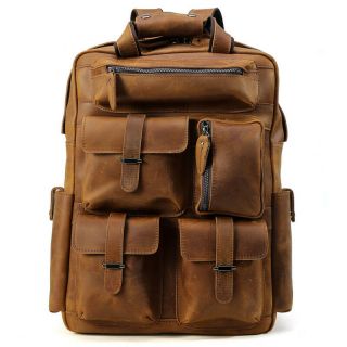 Vintage Leather Men Large 17 " Laptop Backpack Hiking Travel Camping Carry On Bag