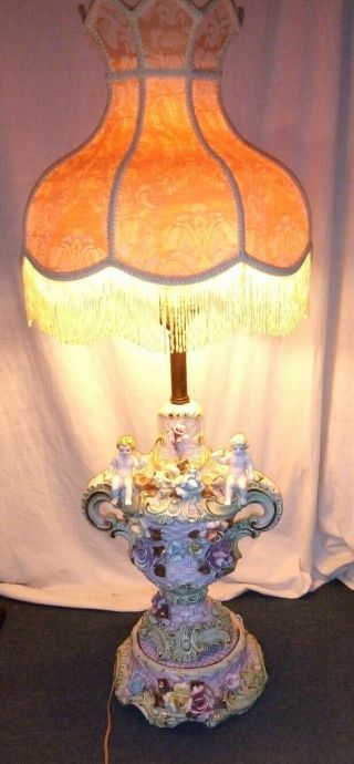 Vintage Porcelain Capodimonte (large) Lamp Rare Flowers With Victorian Shade