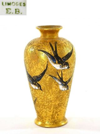 Antique French Limoges Gold Ground Porcelain Vase Swallow Bird Sg E.  Benoit