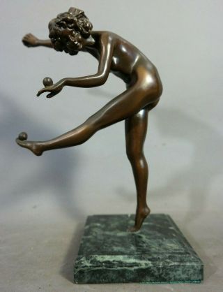 Vintage Bronze Art Deco Type Nude Lady Juggling Balls Performer Sculpture Statue