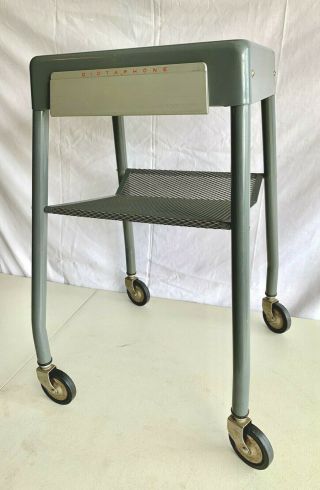 Vintage Dictaphone Rolling Cart Metal Stand W/ Drawer Industrial Gray Mcm Table