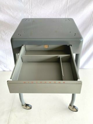 Vintage Dictaphone Rolling Cart Metal Stand w/ Drawer Industrial Gray MCM Table 2