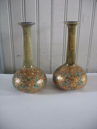 Vtg Royal Doulton Slater Pair Gold Gilded Enamel Ceramic Vases 6 3/4 " C1900 - 1920