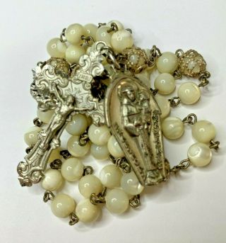 † Vintage " St Anthony " Sterling & Mother Of Pearl Rosary 25 " Necklace & Medal †
