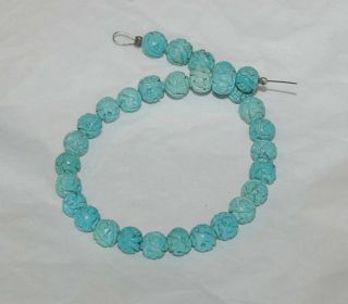 Vintage Carved Hubei Turquoise Longevity 7mm Round Beads - 7.  75 " Strand - 1284c