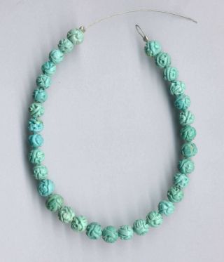 Vintage Carved Hubei Turquoise Longevity Round Beads - 7.  75 " Strand - 710c