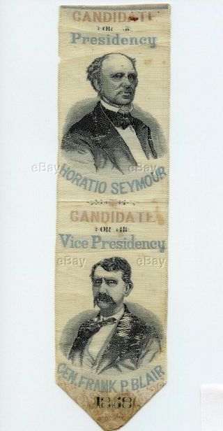 Antique Political Campaign Ribbon Candidate President Horatio Seymour Blair 1868
