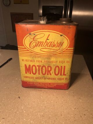 Vintage (2) Two Gallon Embassy Motor Oil Can Jacksonville Florida Rare