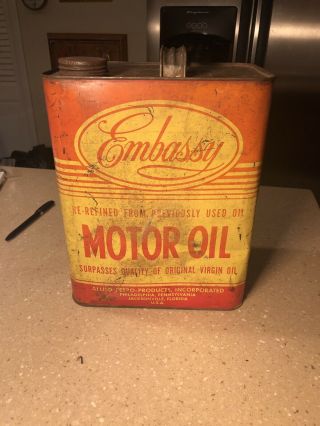 Vintage (2) Two Gallon Embassy Motor Oil Can Jacksonville Florida RARE 3