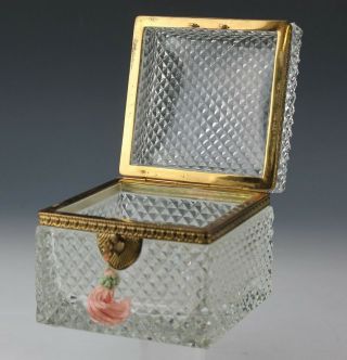 Antique French Crystal Diamond Quilted Gilt Bronze Mount Jewelry Box W Key Bmg
