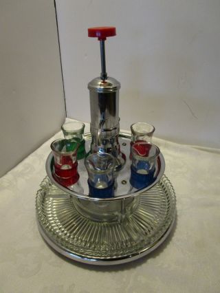 Vtg Pump Decanter Glass Chrome Carousel W/ Six Shot Glasses Lucite Rings 1950 