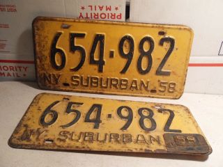 Rare Pair 1958 - With 1959 Tag York 654 - 982 Suburban License Plate - Vintage