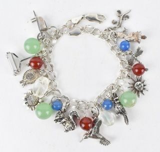 Vintage Garden Themed Sterling Silver Charm Bracelet Loaded W/22 Charms Birds