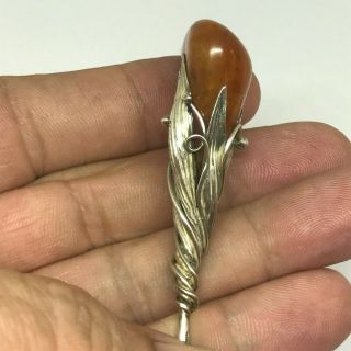 Antique Hat Pin Lovely Natural Amber Cradled in Heavy Sterling Mount 10