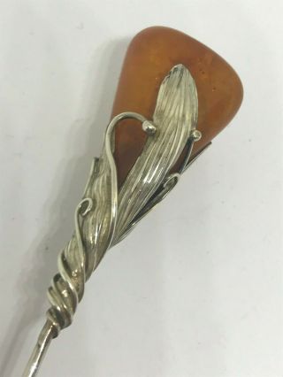 Antique Hat Pin Lovely Natural Amber Cradled In Heavy Sterling Mount