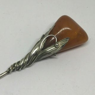 Antique Hat Pin Lovely Natural Amber Cradled in Heavy Sterling Mount 4