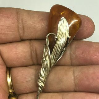 Antique Hat Pin Lovely Natural Amber Cradled in Heavy Sterling Mount 8