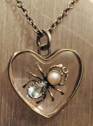 Vintage Silver Rock Crystal Love Token Spider Bug Quartz Pendant Necklace