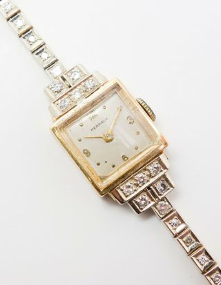 Vintage 14k Yellow & White Gold Art Deco Perraux Diamond Ladies Watch