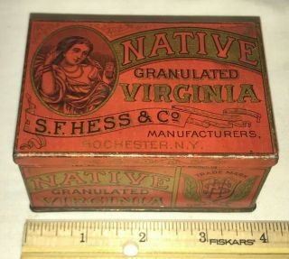 Antique Native Tin Litho Square Corner Virginia Tobacco Can Rochester Ny Sf Hess