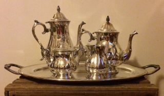Vtg 5 - Piece International Silver Plated Coffee/tea Service Oval Handled Tray