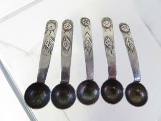 Primitive Hand Made Sterling Navajo Small Salt Spoons 5 Pc Set Rare And Old