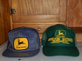 2 Vtg 80s John Deere Patch Denim Snap Back Trucker Cap Hat Louisville Mfg Co Usa