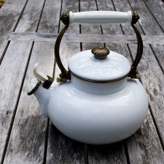 Vintage Antique White Enamel Porcelain Whistling Tea Kettle A11