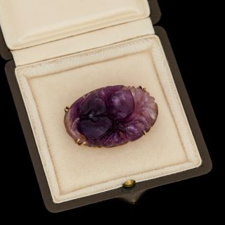 Antique Vintage Deco 14k Yellow Gold Chinese Carved Amethyst Womens Pin Brooch
