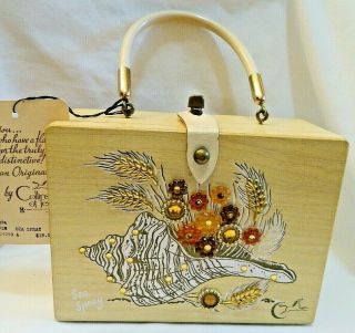Vintage Enid Collins Of Texas " Sea Spray " Wood Box Bag Jeweled Purse W/ Tag Euc