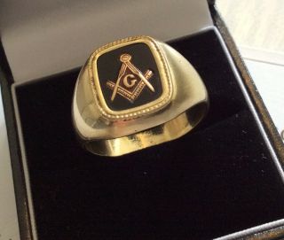 Good Gents Stamped Vintage Heavy Solid 14k Gold Masonic Ring - Size S1/2 - T